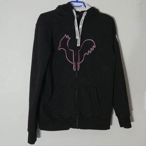 Rossignol XL Black Pink Full Zip Hoodie Rooster Logo Waffle Knit Hood